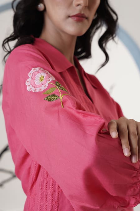 Surabhi Arya_Blush Linen Embroidery Collared Pink Thread Pant Set _at_Aza_Fashions