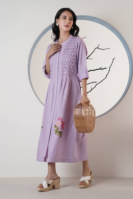Surabhi Arya Purple Linen Embroidery Round Neck Thread Midi Dress Online at Aza Fashions Surabhi Arya_Purple Linen Embroidery Round Neck Thread Midi Dress _Online_at_Aza_Fashions