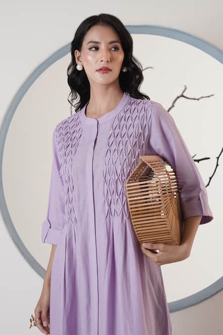 Buy Surabhi Arya Purple Linen Embroidery Round Neck Thread Midi Dress Online at Aza Fashions Buy_Surabhi Arya_Purple Linen Embroidery Round Neck Thread Midi Dress _Online_at_Aza_Fashions