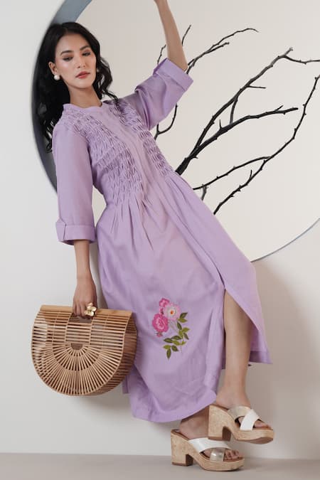 Shop Surabhi Arya Purple Linen Embroidery Round Neck Thread Midi Dress Online at Aza Fashions Shop_Surabhi Arya_Purple Linen Embroidery Round Neck Thread Midi Dress _Online_at_Aza_Fashions