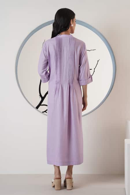 Shop Surabhi Arya Purple Linen Embroidery Round Neck Thread Midi Dress at Aza Fashions Shop_Surabhi Arya_Purple Linen Embroidery Round Neck Thread Midi Dress _at_Aza_Fashions