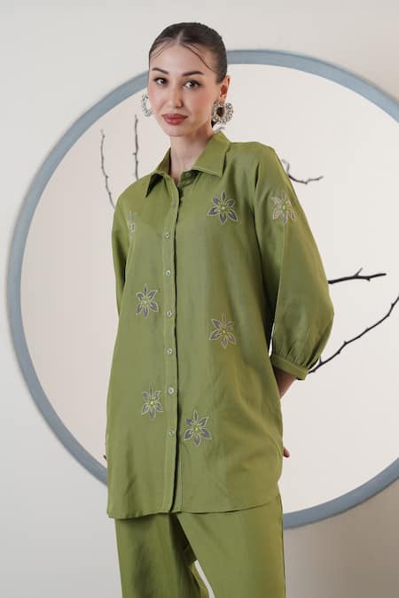 Buy_Surabhi Arya_Olive Green Linen Cut Work Collared Pant Set _Online_at_Aza_Fashions