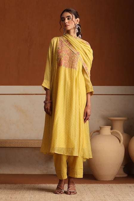 Beige_Yellow Chanderi, Satin, Beads, Sequins Hand Embroidered Kurta Set _Online_at_Aza_Fashions