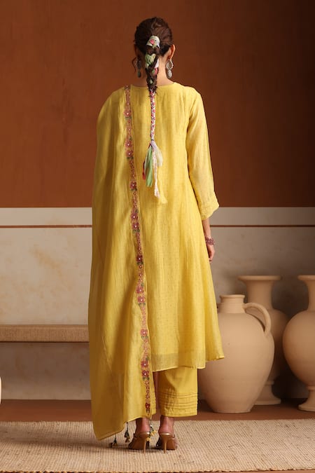 Beige Yellow Hand Embroidered Kurta Set 