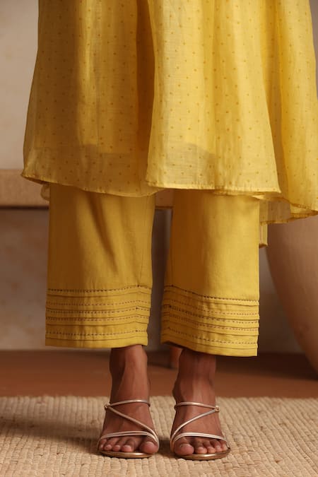 Shop_Beige_Yellow Chanderi, Satin, Beads, Sequins Hand Embroidered Kurta Set _Online_at_Aza_Fashions