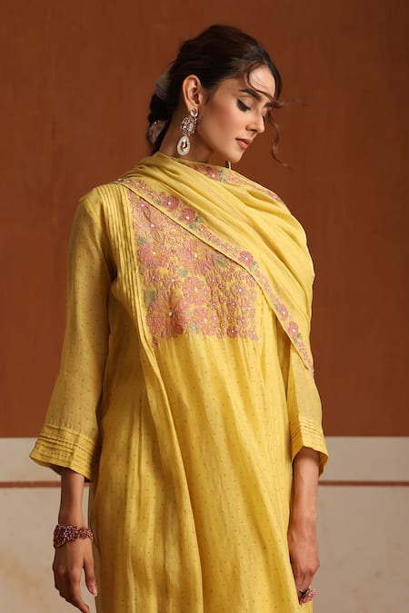 Beige_Yellow Chanderi, Satin, Beads, Sequins Hand Embroidered Kurta Set _at_Aza_Fashions