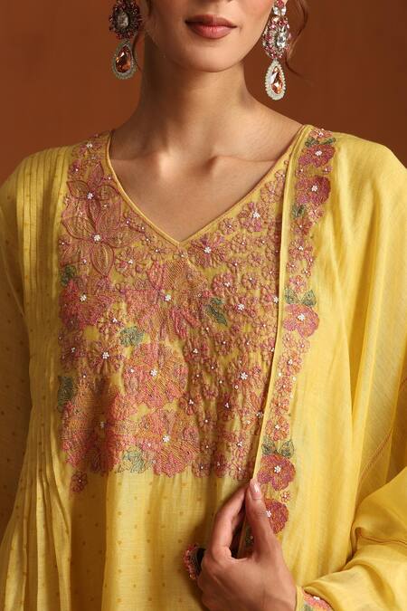 Buy_Beige_Yellow Chanderi, Satin, Beads, Sequins Hand Embroidered Kurta Set 
