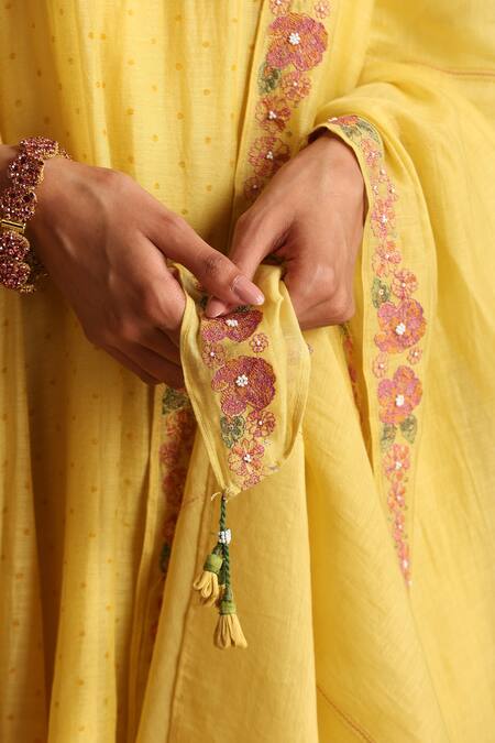 Shop_Beige_Yellow Chanderi, Satin, Beads, Sequins Hand Embroidered Kurta Set 