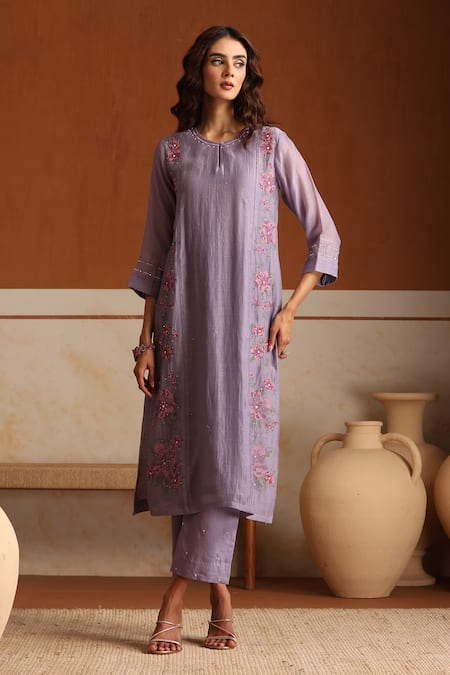Beige_Purple Chanderi, Cotton Satin Beads, Sequins Round Hand Embroidered Kurta Set _Online_at_Aza_Fashions
