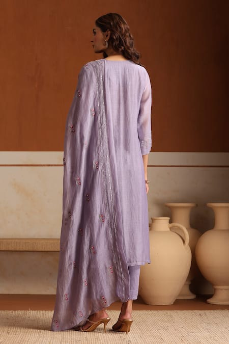 Beige Purple Hand Embroidered Kurta Set 