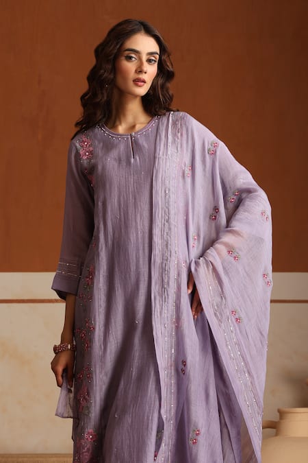 Buy_Beige_Purple Chanderi, Cotton Satin Beads, Sequins Round Hand Embroidered Kurta Set _Online_at_Aza_Fashions