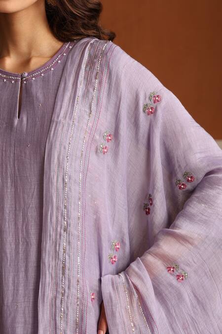 Beige_Purple Chanderi, Cotton Satin Beads, Sequins Round Hand Embroidered Kurta Set _at_Aza_Fashions