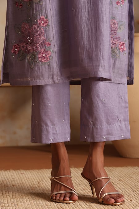 Buy_Beige_Purple Chanderi, Cotton Satin Beads, Sequins Round Hand Embroidered Kurta Set 