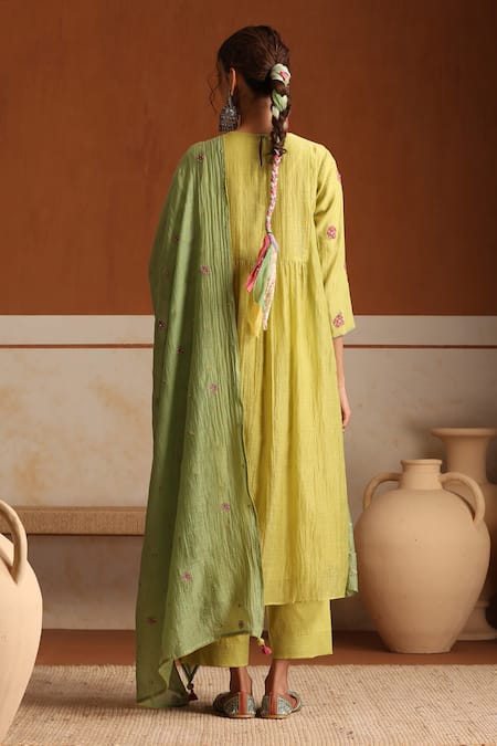 Beige Yellow Hand Embroidered Kurta Set 
