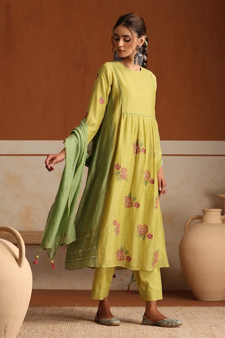 Beige_Yellow Chanderi, , Satin Beads, Sequins Hand Embroidered Kurta Set _at_Aza_Fashions