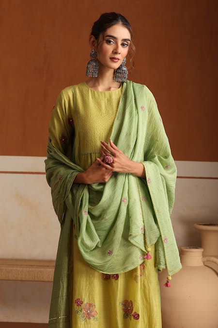 Buy_Beige_Yellow Chanderi, , Satin Beads, Sequins Hand Embroidered Kurta Set 