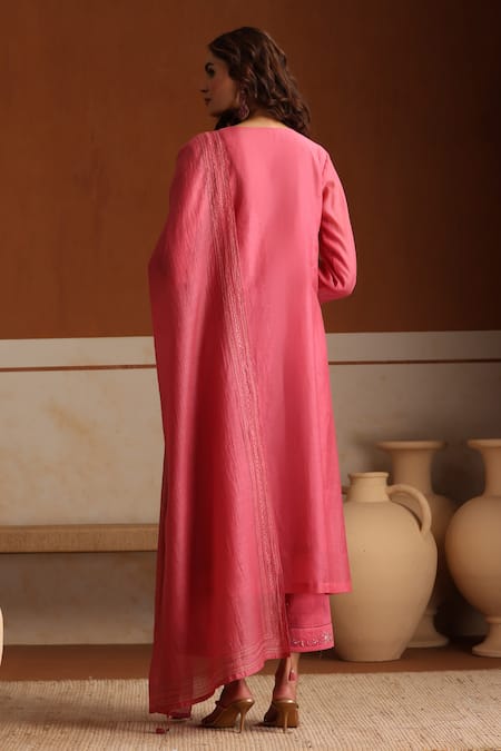 Beige Pink Hand Embroidered Kurta Set 