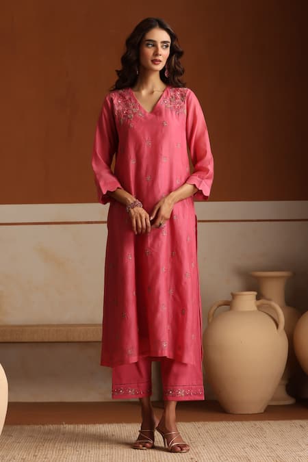 Beige_Pink Chanderi, Cotton Satin Beads, Sequins V-neck Hand Embroidered Kurta Set _Online_at_Aza_Fashions