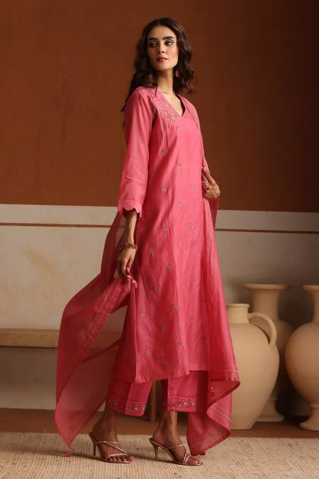Beige_Pink Chanderi, Cotton Satin Beads, Sequins V-neck Hand Embroidered Kurta Set _at_Aza_Fashions