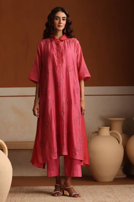 Beige_Pink Chanderi, Cotton Satin Embroidery, Beads, Sequins Collared Hand Kurta Set _Online_at_Aza_Fashions