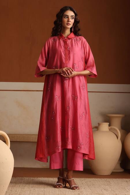 Buy_Beige_Pink Chanderi, Cotton Satin Embroidery, Beads, Sequins Collared Hand Kurta Set _Online_at_Aza_Fashions