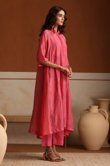 Shop_Beige_Pink Chanderi, Cotton Satin Embroidery, Beads, Sequins Collared Hand Kurta Set _Online_at_Aza_Fashions