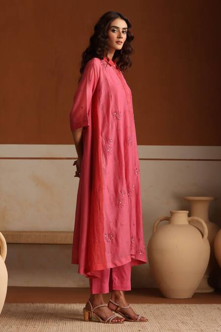 Beige_Pink Chanderi, Cotton Satin Embroidery, Beads, Sequins Collared Hand Kurta Set _at_Aza_Fashions