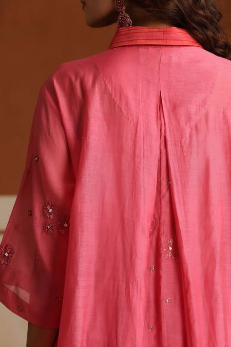 Buy_Beige_Pink Chanderi, Cotton Satin Embroidery, Beads, Sequins Collared Hand Kurta Set 