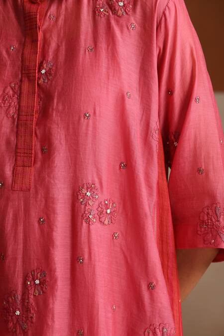 Shop_Beige_Pink Chanderi, Cotton Satin Embroidery, Beads, Sequins Collared Hand Kurta Set 