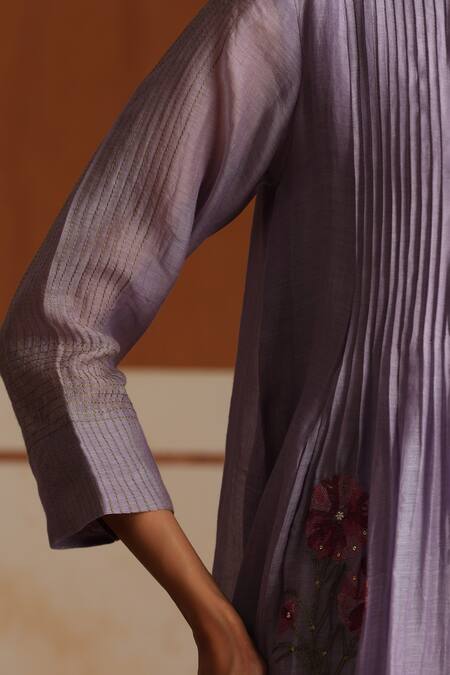 Beige_Purple Chanderi, , Satin Beads, Sequins Hand Embroidered Kurta Set _Online_at_Aza_Fashions