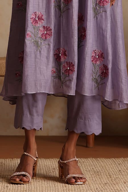 Buy_Beige_Purple Chanderi, , Satin Beads, Sequins Hand Embroidered Kurta Set _Online_at_Aza_Fashions
