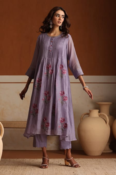 Beige Purple Hand Embroidered Kurta Set 