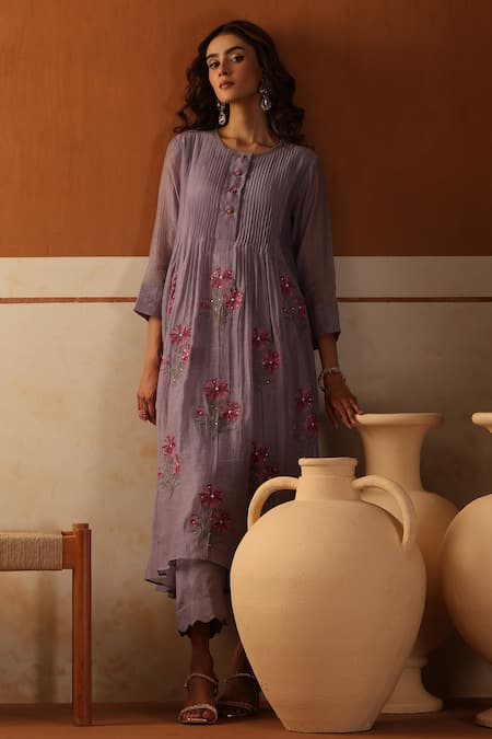 Shop_Beige_Purple Chanderi, , Satin Beads, Sequins Hand Embroidered Kurta Set _Online_at_Aza_Fashions