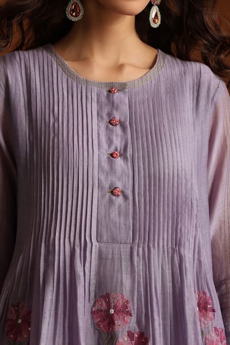 Beige_Purple Chanderi, , Satin Beads, Sequins Hand Embroidered Kurta Set _at_Aza_Fashions