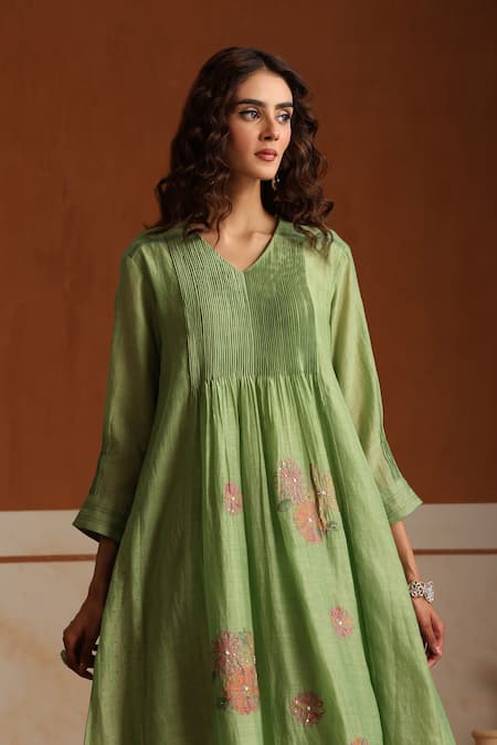 Beige Green Hand Embroidered Kurta Set 