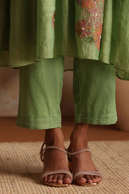 Beige_Green Chanderi, Cotton Satin Beads, Sequins V-neck Hand Embroidered Kurta Set _Online_at_Aza_Fashions