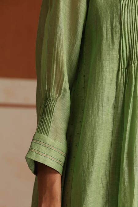 Buy_Beige_Green Chanderi, Cotton Satin Beads, Sequins V-neck Hand Embroidered Kurta Set _Online_at_Aza_Fashions