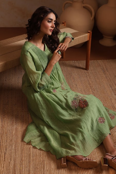 Beige_Green Chanderi, Cotton Satin Beads, Sequins V-neck Hand Embroidered Kurta Set _at_Aza_Fashions