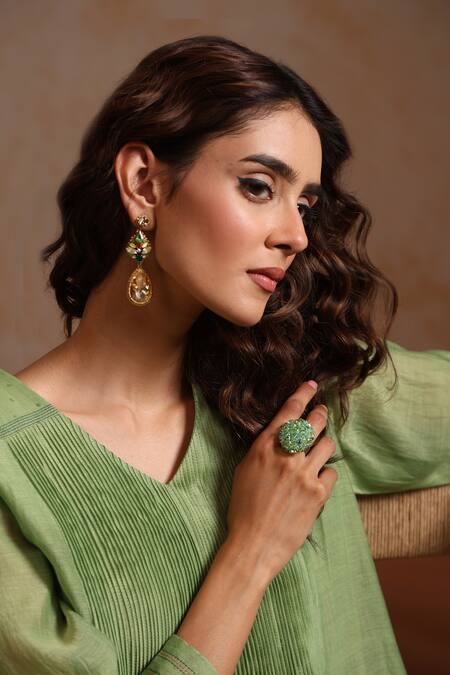 Buy_Beige_Green Chanderi, Cotton Satin Beads, Sequins V-neck Hand Embroidered Kurta Set 