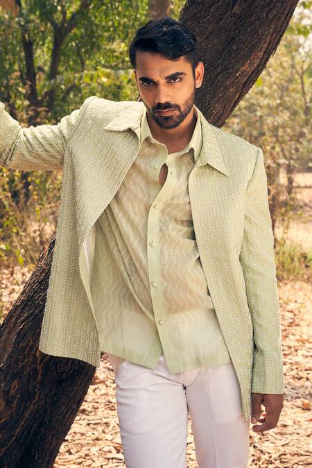 Kaaj Button_Green Chanderi Silk, Cotton Satin Embroidery 3 Arrow Jacket Set _at_Aza_Fashions