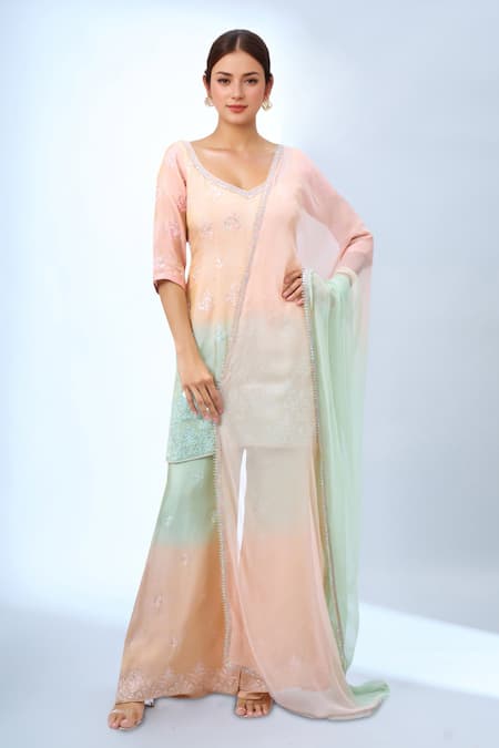 Samyukta Singhania Peach Ombre Embroidered Kurta Set 