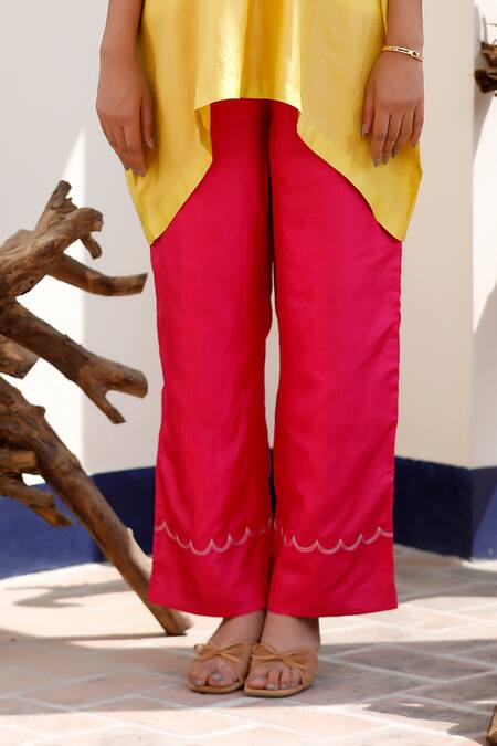 Eeda Yellow Embroidery Collared Kaftan And Pink Pant Set Online at Aza Fashions Eeda_Yellow Embroidery Collared Kaftan And Pink Pant Set _Online_at_Aza_Fashions