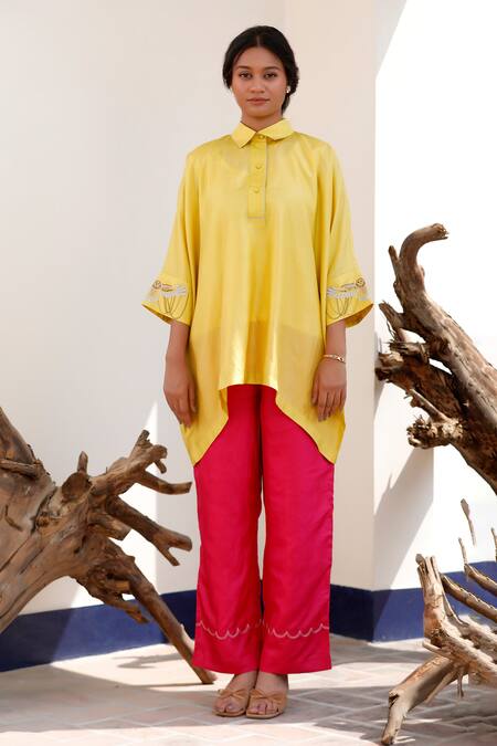 Shop Eeda Yellow Embroidery Collared Kaftan And Pink Pant Set Online at Aza Fashions Shop_Eeda_Yellow Embroidery Collared Kaftan And Pink Pant Set _Online_at_Aza_Fashions