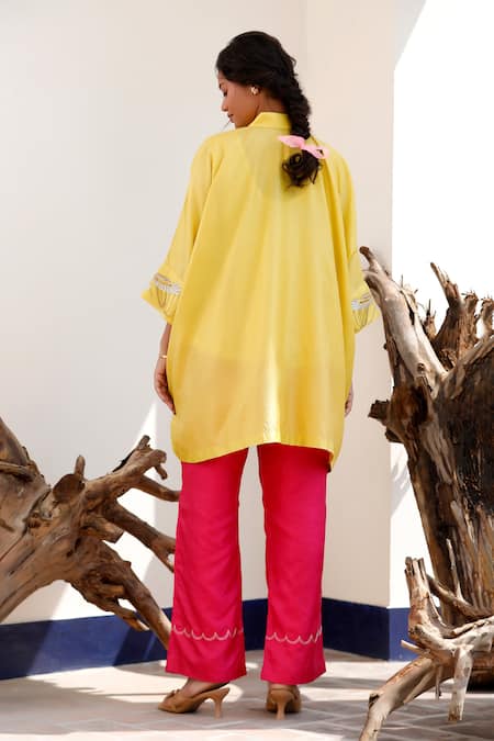Shop Eeda Yellow Embroidery Collared Kaftan And Pink Pant Set at Aza Fashions Shop_Eeda_Yellow Embroidery Collared Kaftan And Pink Pant Set _at_Aza_Fashions