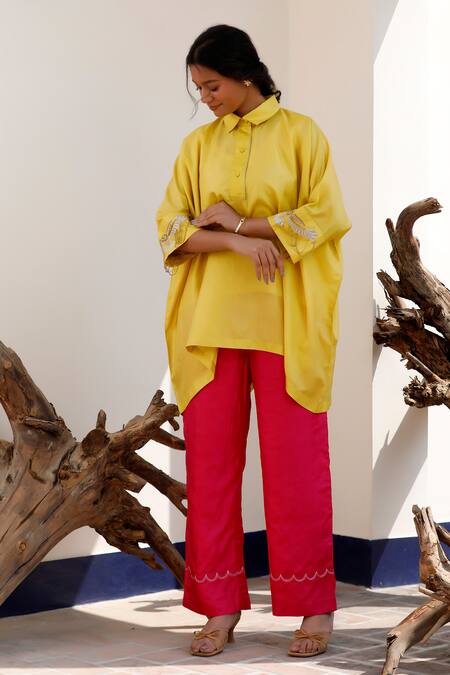 Eeda Yellow Embroidery Collared Kaftan And Pink Pant Set at Aza Fashions Eeda_Yellow Embroidery Collared Kaftan And Pink Pant Set _at_Aza_Fashions