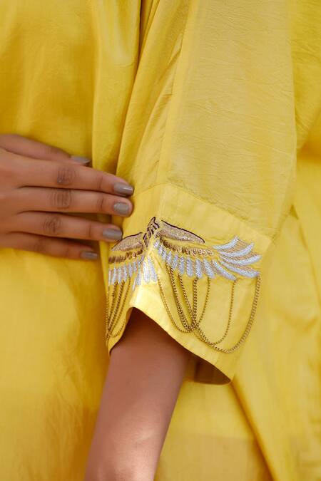 Buy Eeda Yellow Embroidery Collared Kaftan And Pink Pant Set Buy_Eeda_Yellow Embroidery Collared Kaftan And Pink Pant Set