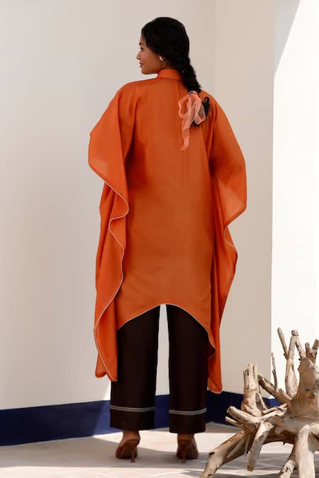 Eeda Orange Silk Kaftan & Brown Straight Pant Set 