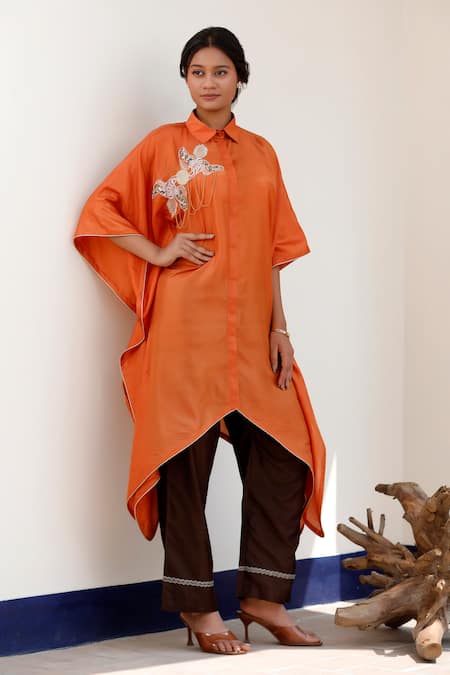 Eeda Orange Silk Kaftan & Brown Straight Pant Set 