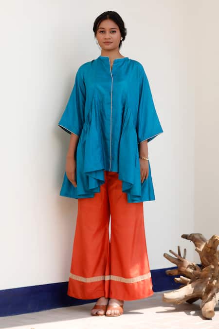 Eeda Blue Silk Embroidery Round Neck Flared Top And Orange Pant Set Online at Aza Fashions Eeda_Blue Silk Embroidery Round Neck Flared Top And Orange Pant Set _Online_at_Aza_Fashions
