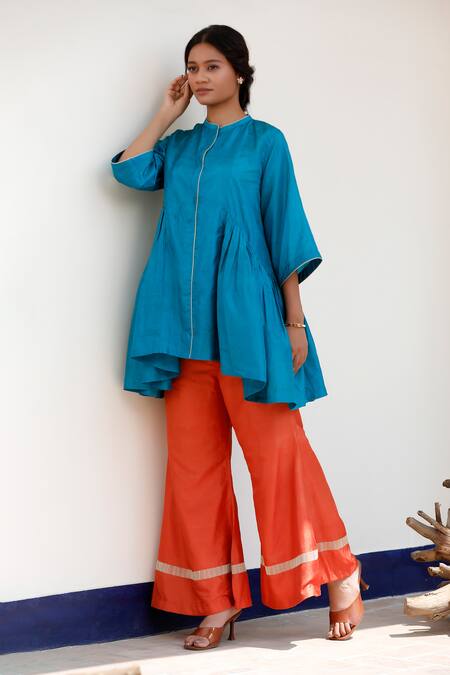 Buy Eeda Blue Silk Embroidery Round Neck Flared Top And Orange Pant Set Online at Aza Fashions Buy_Eeda_Blue Silk Embroidery Round Neck Flared Top And Orange Pant Set _Online_at_Aza_Fashions